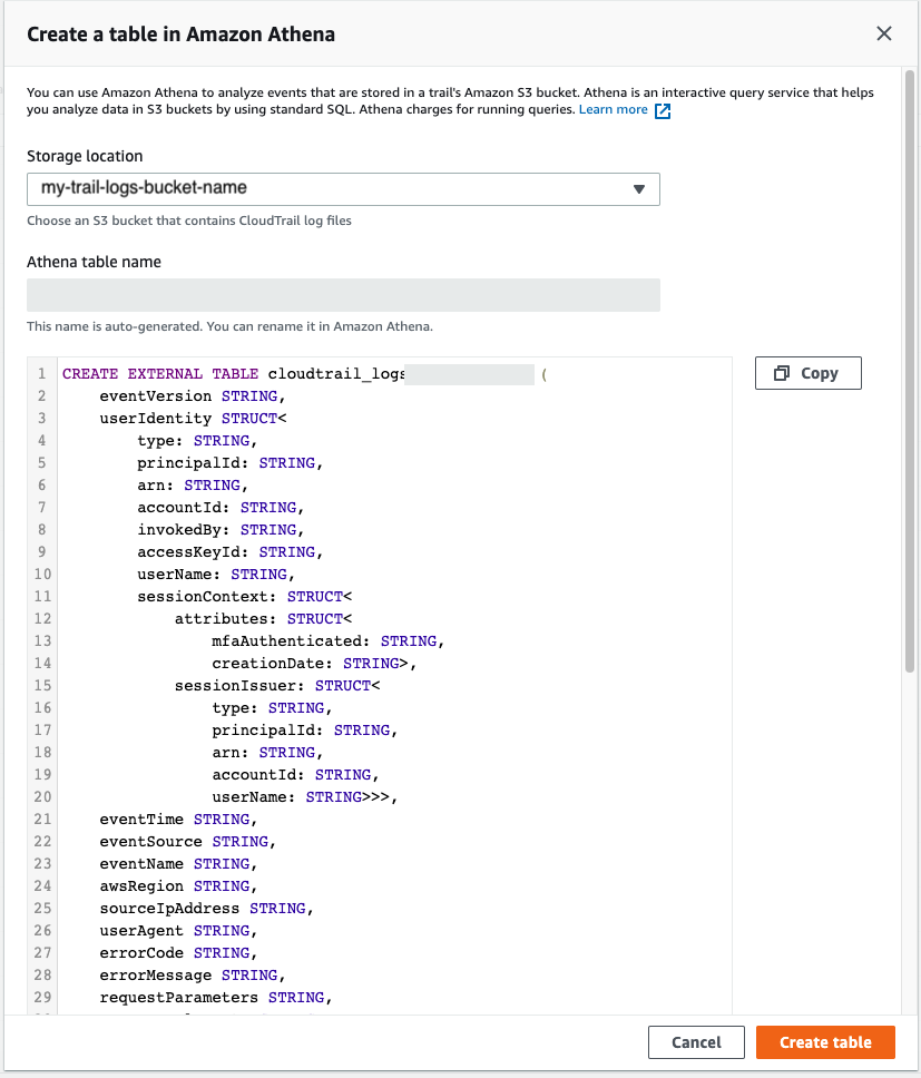 Create Table in AWS